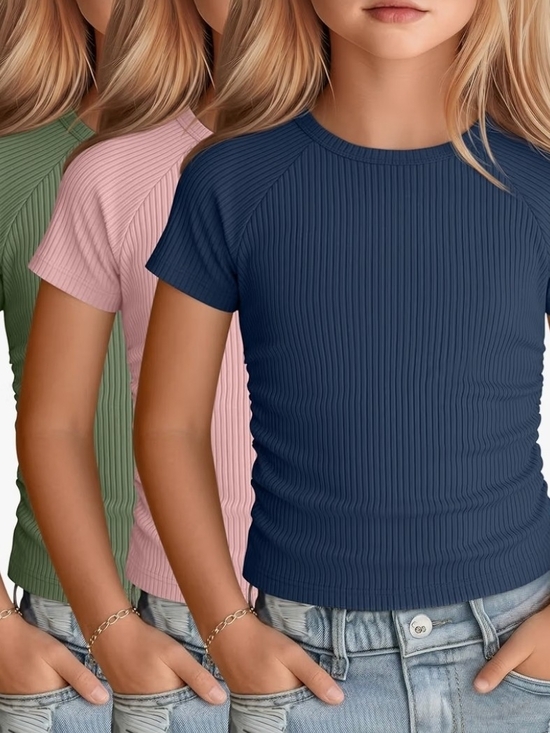 Other - Ribbed Short Sleeve Kids Tee - Navy, Pink, Olive